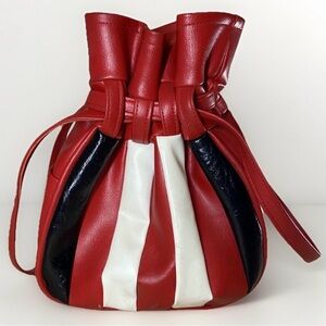 Vintage Red White Black Striped Faux Leather Drawstring Bucket Bag Shoulder